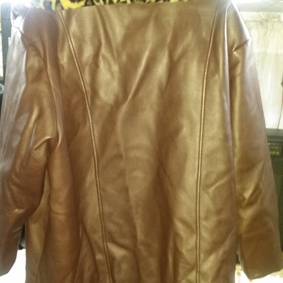 ATLANTIC BEACH! LUXE VEGAN LEATHER Brown/Tan LEOPARD FAUX FUR COAT! - Picture 3 of 4
